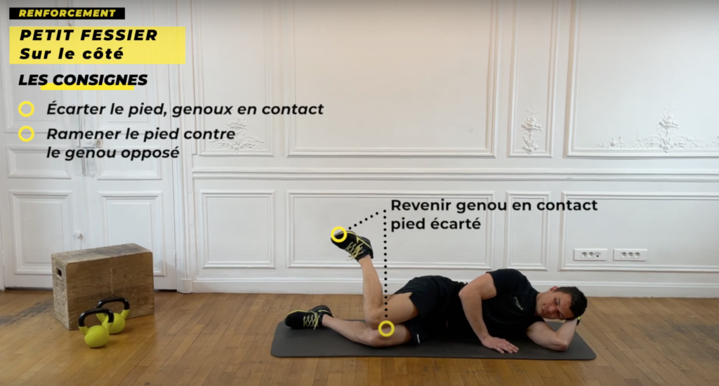 exercice de renforcement musculaire des petits fessiers au sol