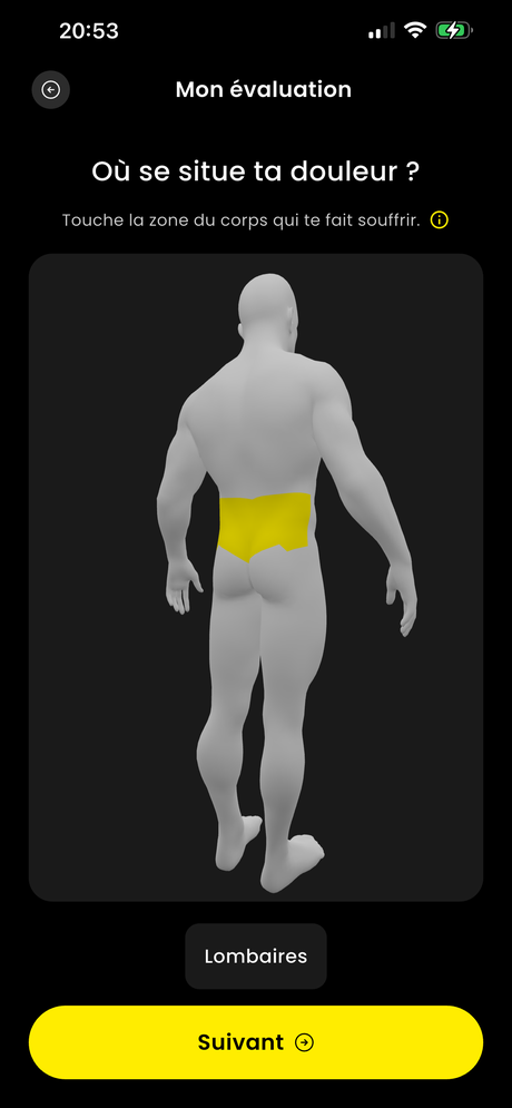 Sélection de la zone de douleur au dos dans l'application HOPP