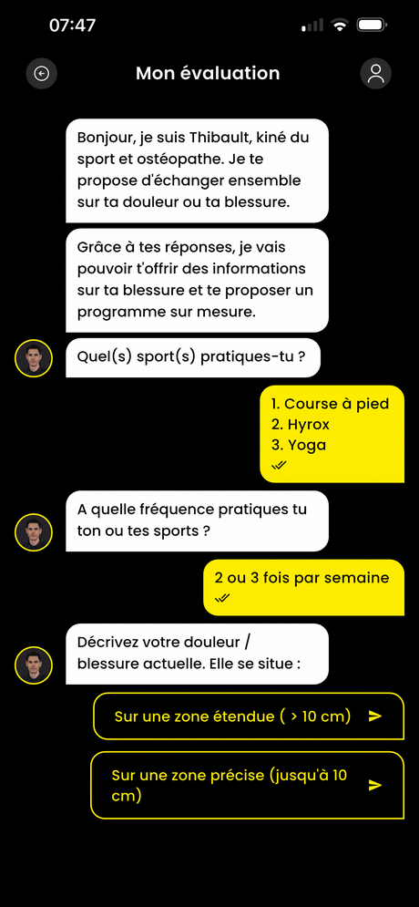 Écran de discussion pour l'évaluation dans l'application HOPP