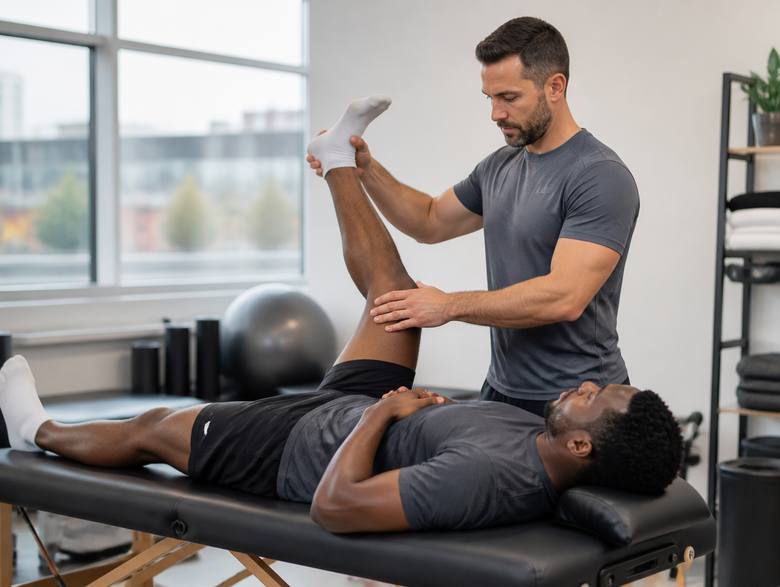 Kiné du sport réalisant un bilan sur un patient