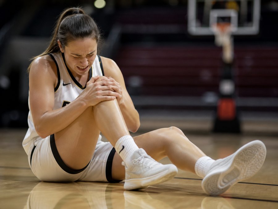 Basketteuse se tenant le genou douloureux au sol