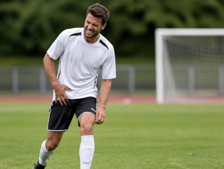 Footballeur se tenant la hanche douloureuse sur le terrain
