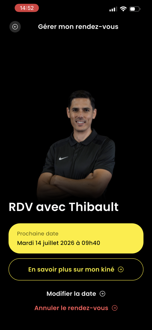 Écran de confirmation de rendez-vous en visio avec un kiné du sport dans l'application HOPP