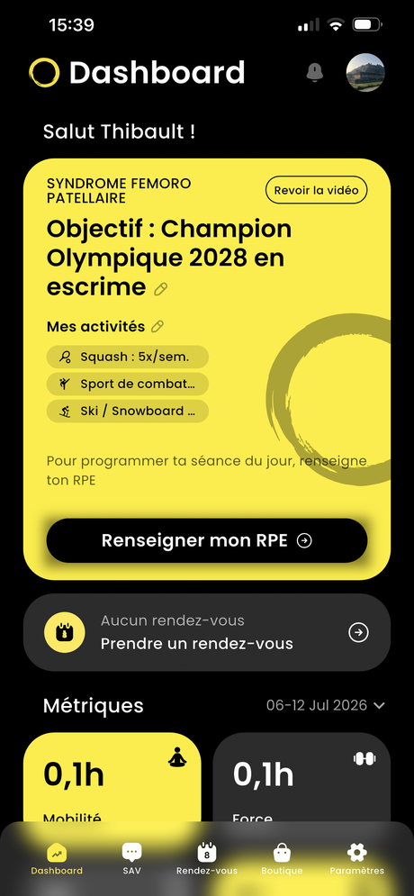 Écran de suivi de progression et d'objectif sportif dans l'application HOPP