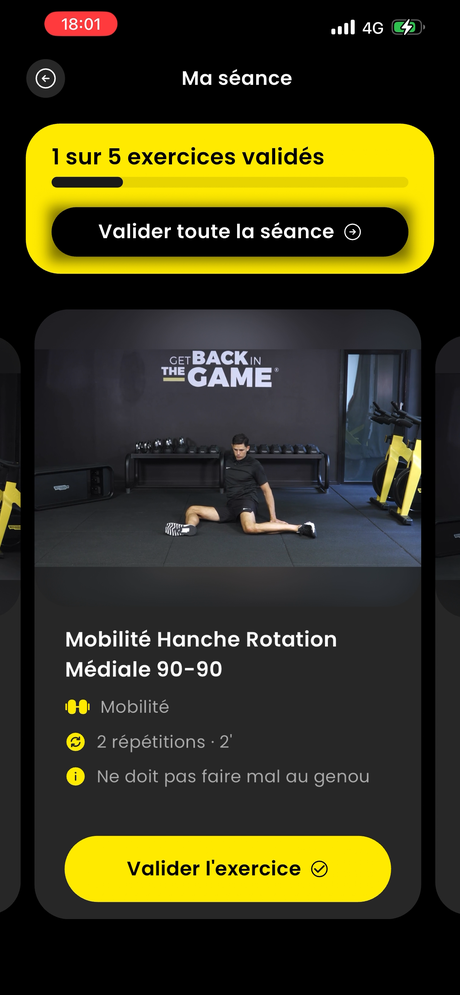 Écran d'un exercice de rééducation dans l'application HOPP