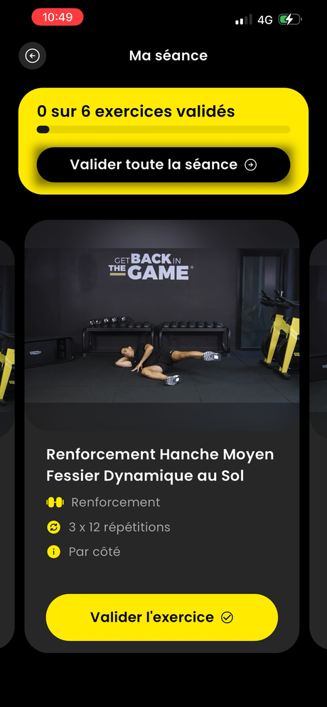 Exercice de renforcement de la hanche au sol dans l'application HOPP