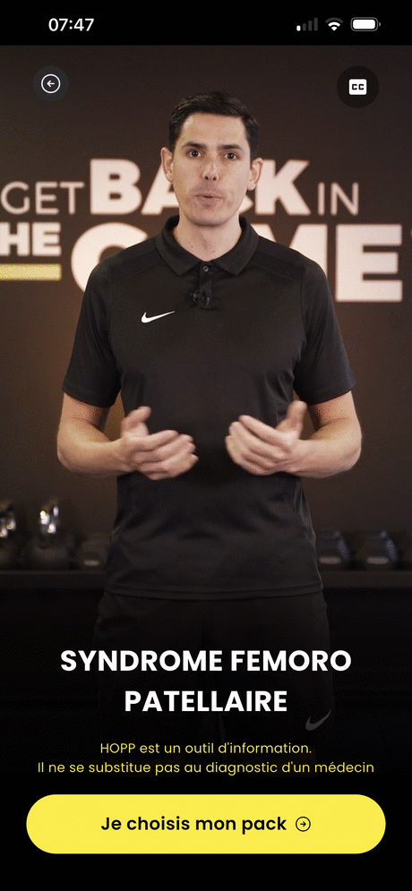 Écran d'explication de blessure par un kiné du sport dans l'application HOPP