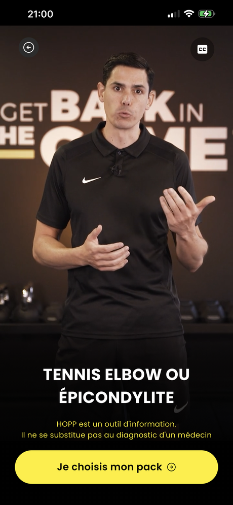 Écran vidéo d'explication d'une épicondylite (tennis elbow) par un kiné du sport dans l'application HOPP