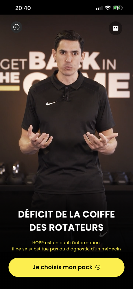 &Eacute;cran vid&eacute;o d'explication de la blessure &agrave; l'&eacute;paule par un kin&eacute; du sport dans l'application HOPP