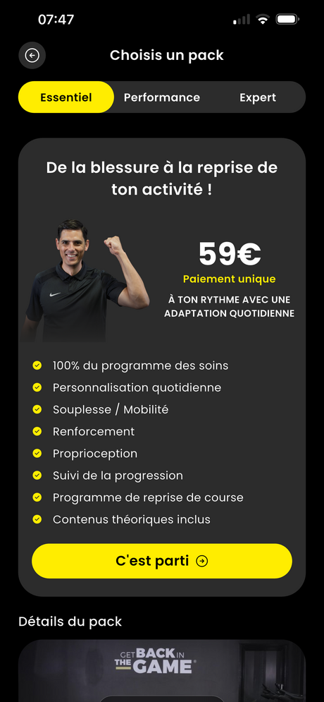 Écran de choix du pack selon l'objectif dans l'application HOPP